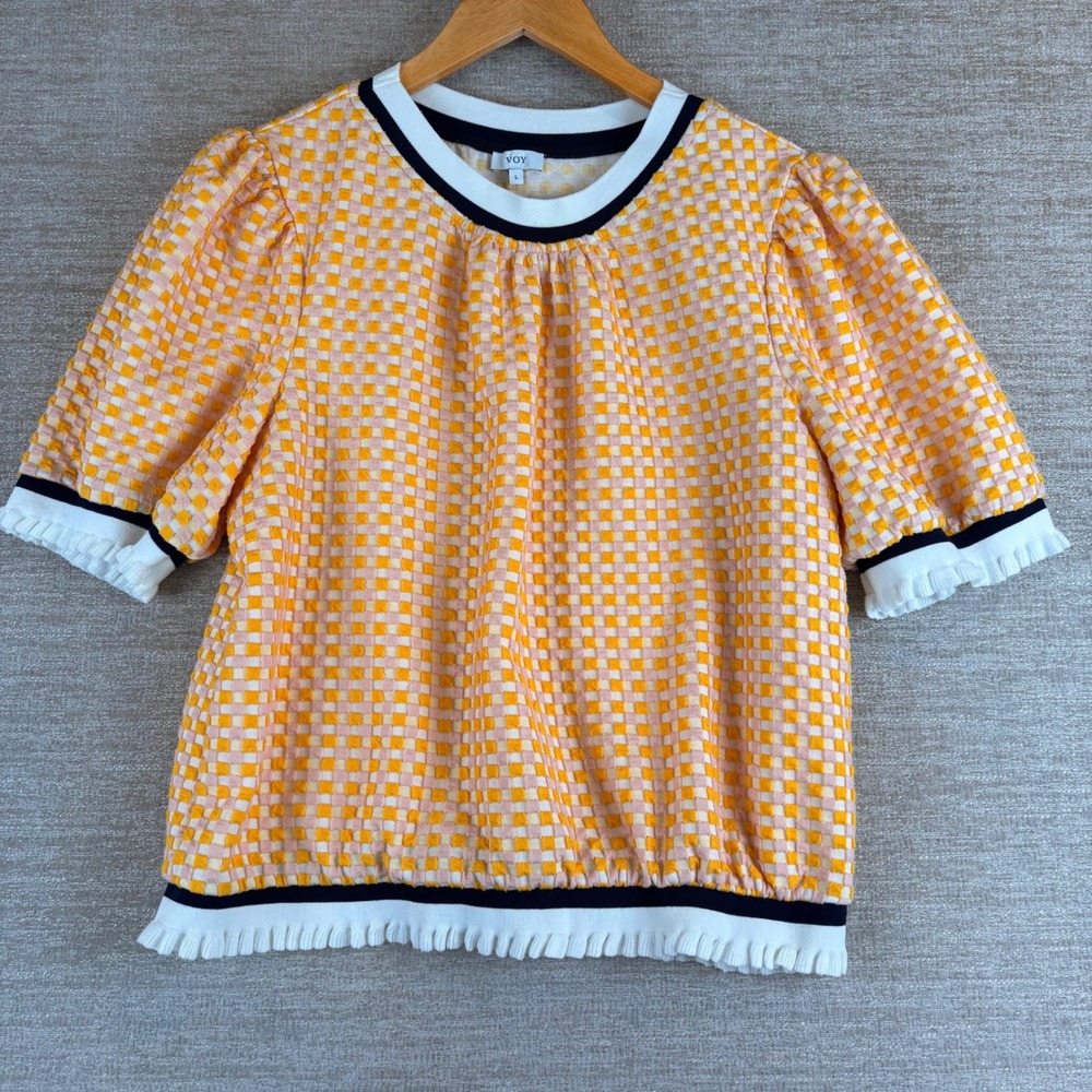 VOY Puff Sleeve Checkerboard Textured Top Womens L Ruffle Trim EUC Preppy Retro